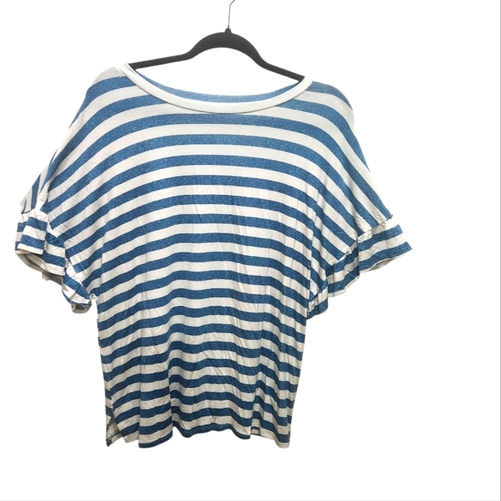 NWOT LuLaRoe LeeAnn Ruffle Sleeve Top Blue White Stripes Size M Nautical Summer
